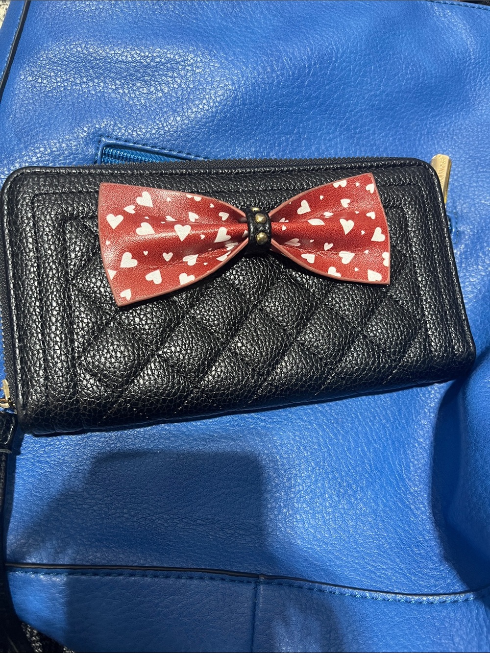 Olivia Miller New Black Quilted Wallet with Red Heart Bow Accent